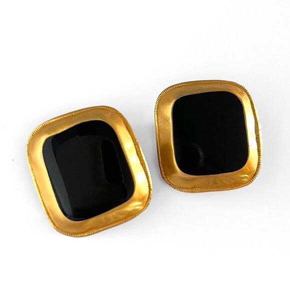 Vintage Anne Klein Couture Matte Gold Black Enamel Earrings - Picture 1 of 6